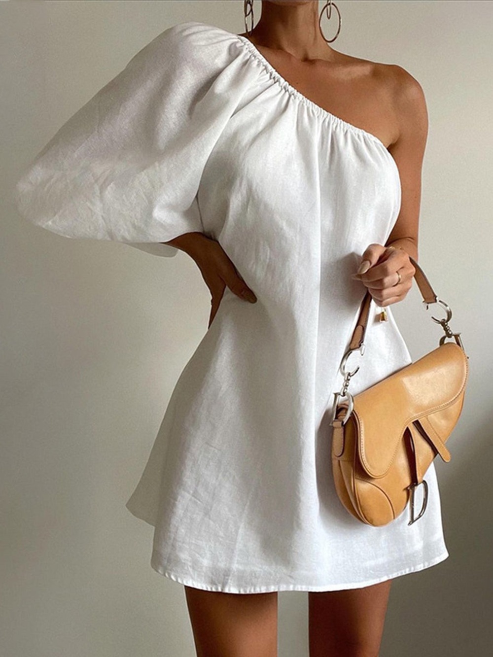 Commense White One-Shoulder Puff Sleeve Mini Dress
